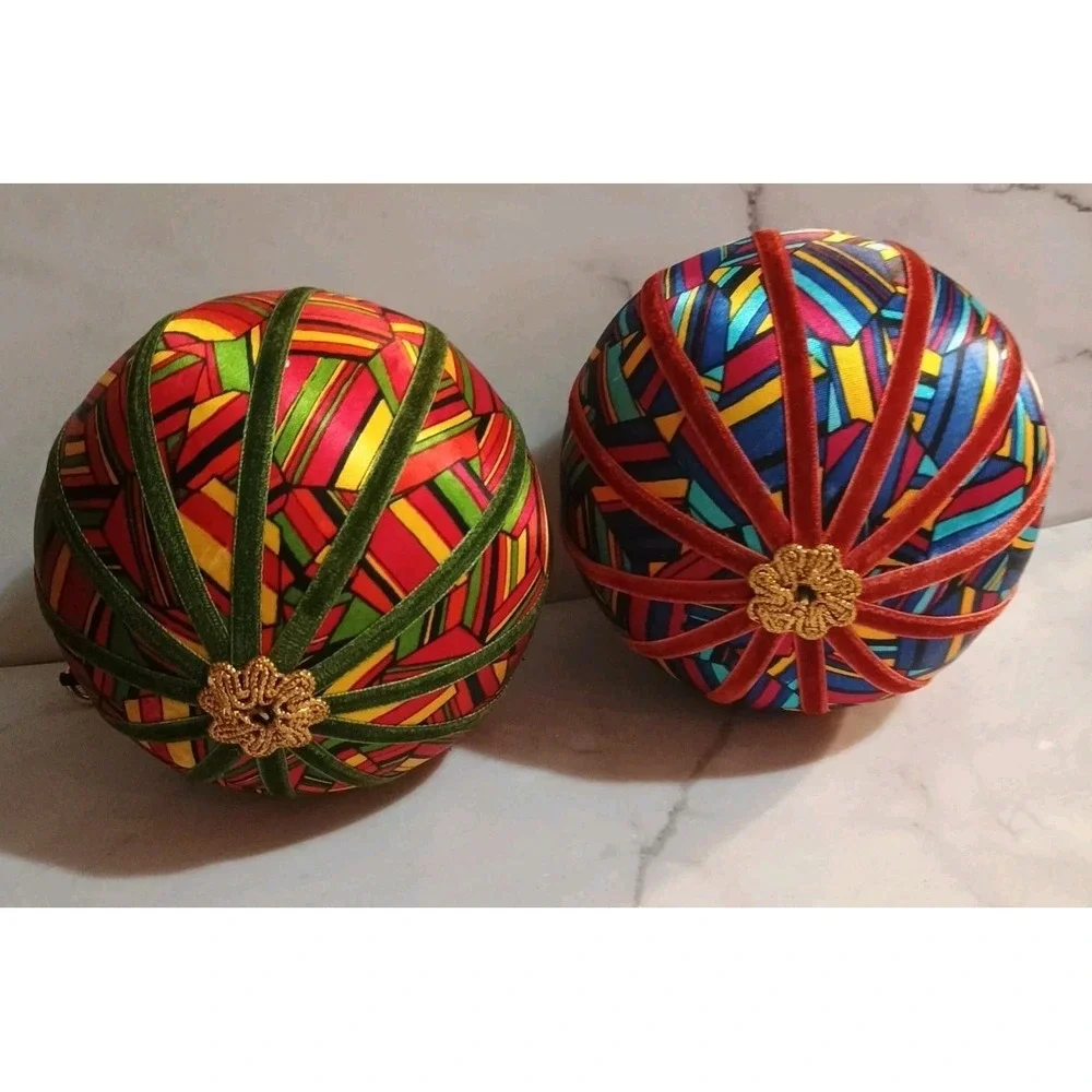 Pair Of Large Silk Thread Velveteen Ball Ornaments 5